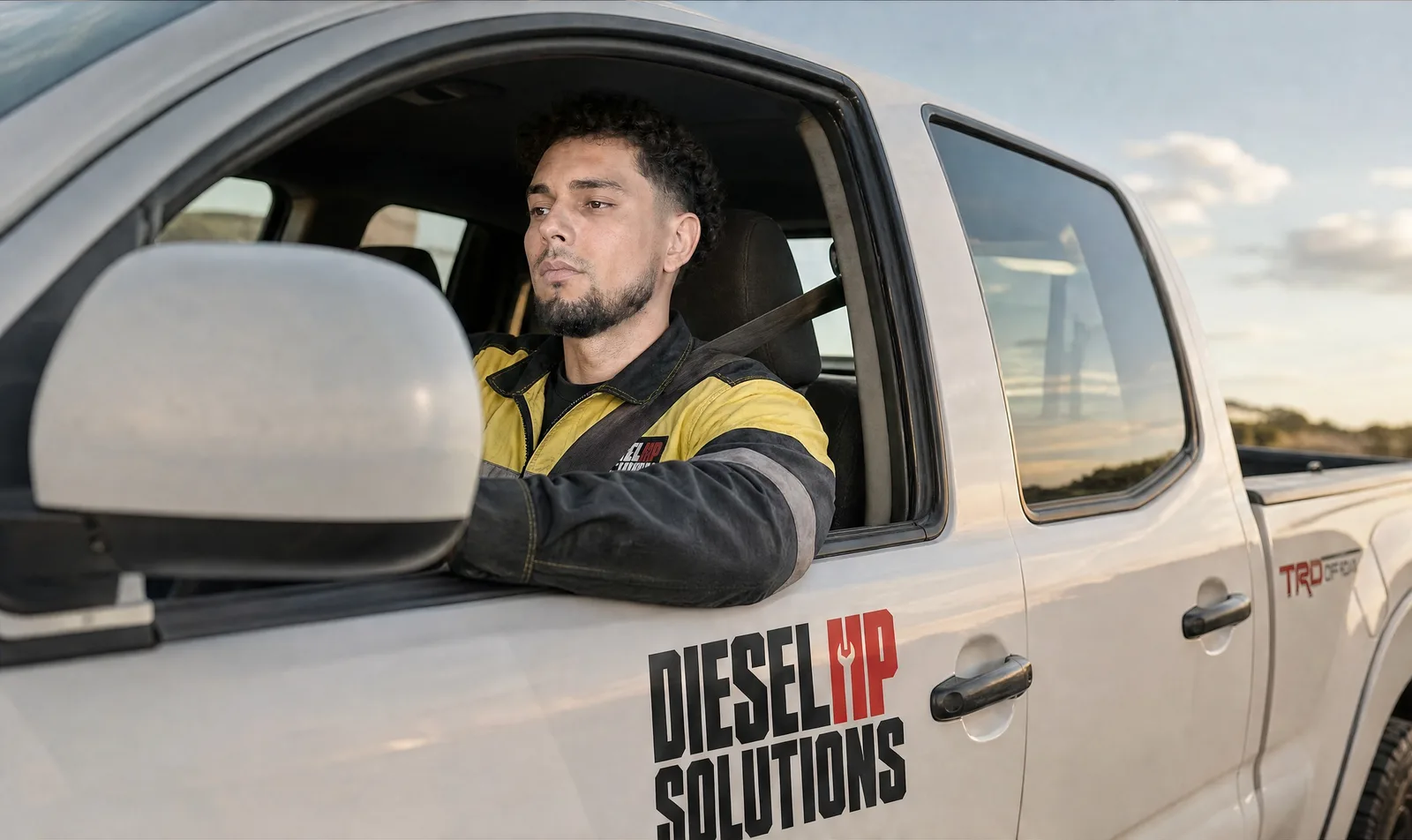 Diesel HP Solutions technician driving the branded service truck to a job